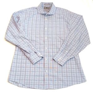 Black Brown 1826 Mens Button Up Sz 18-36 Blue Plaid LS Slim Fit Egyptian Cotton